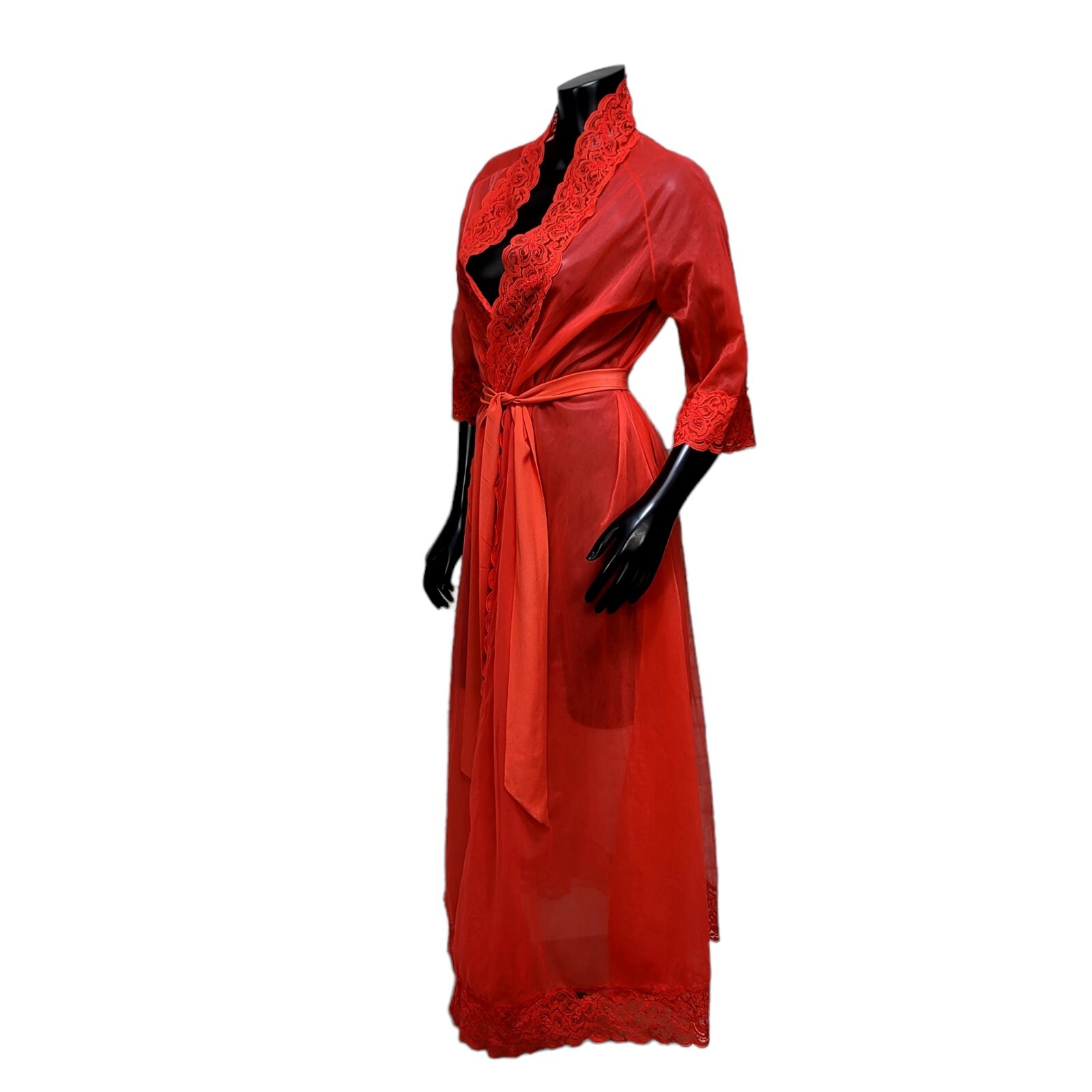 Vintage 70s CHIC Lingerie Size S Red Nylon Full Length Lace Trim Robe Glam