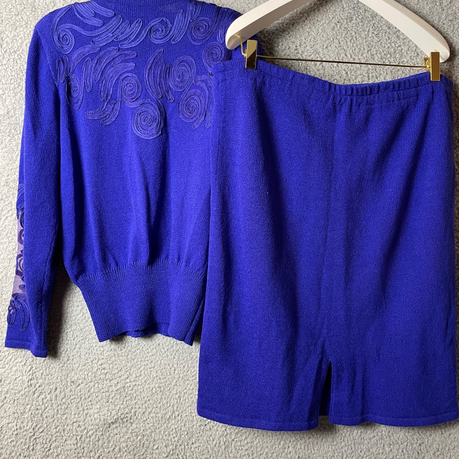 Vintage Jennifer Roberts Purple Wool Sweater Skirt Suit Set Womens 12 80s VTG