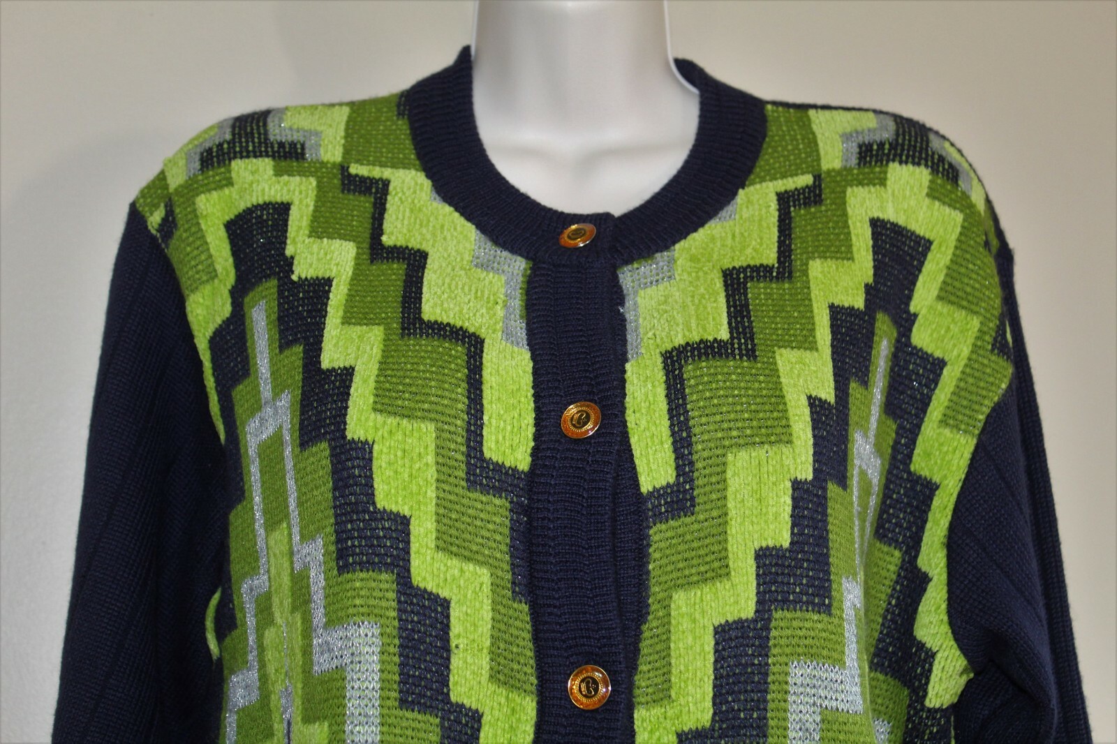 M Vintage 60s d. 1920s Camela Cardigan Art Deco Navy Green Wool Blend Sweater