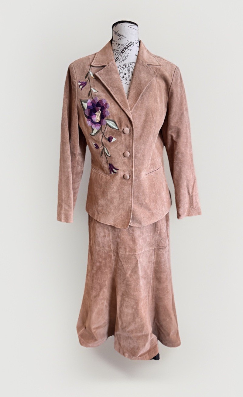90s Brownstone Studio Leather Suede Floral Embroidered Boho Jacket & Skirt 10