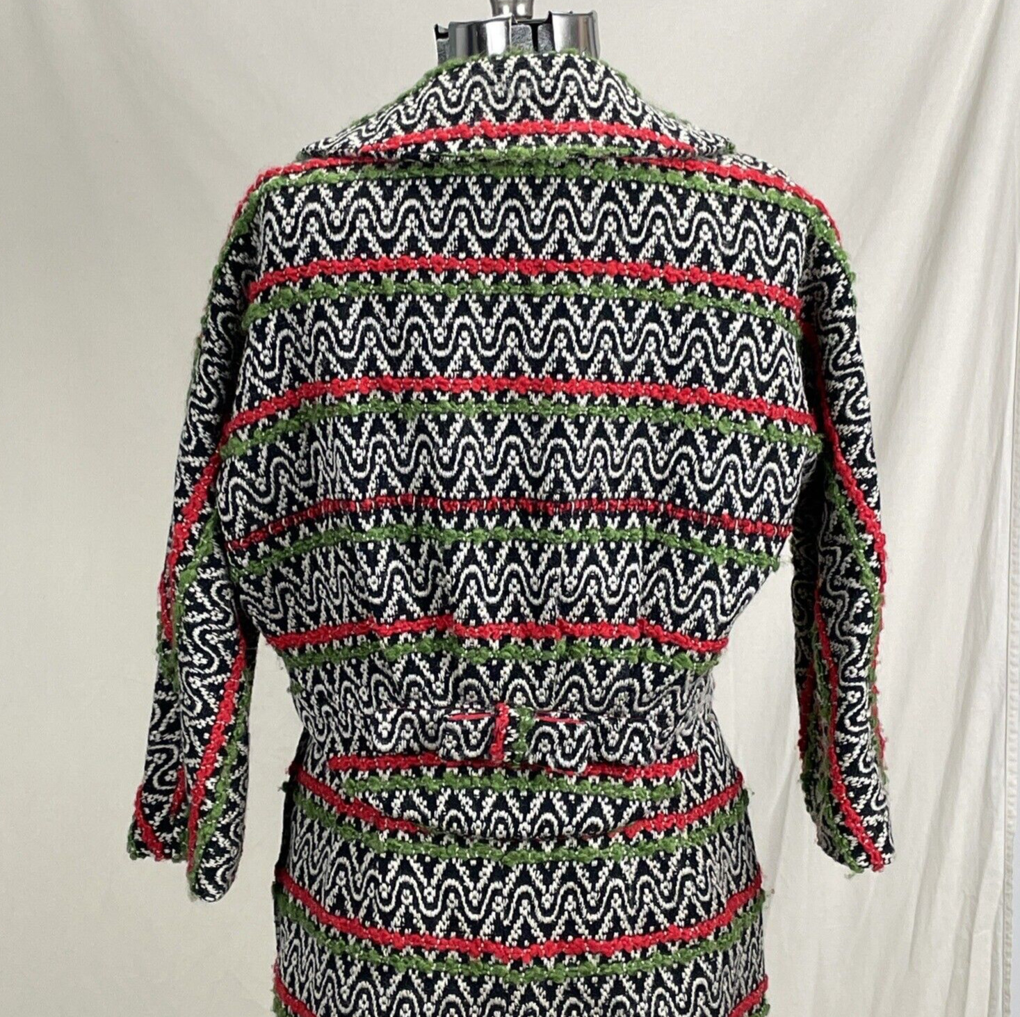 Vintage 60s Handmade Boucle Suit XXS Cropped Jacket Skirt Green Red Black