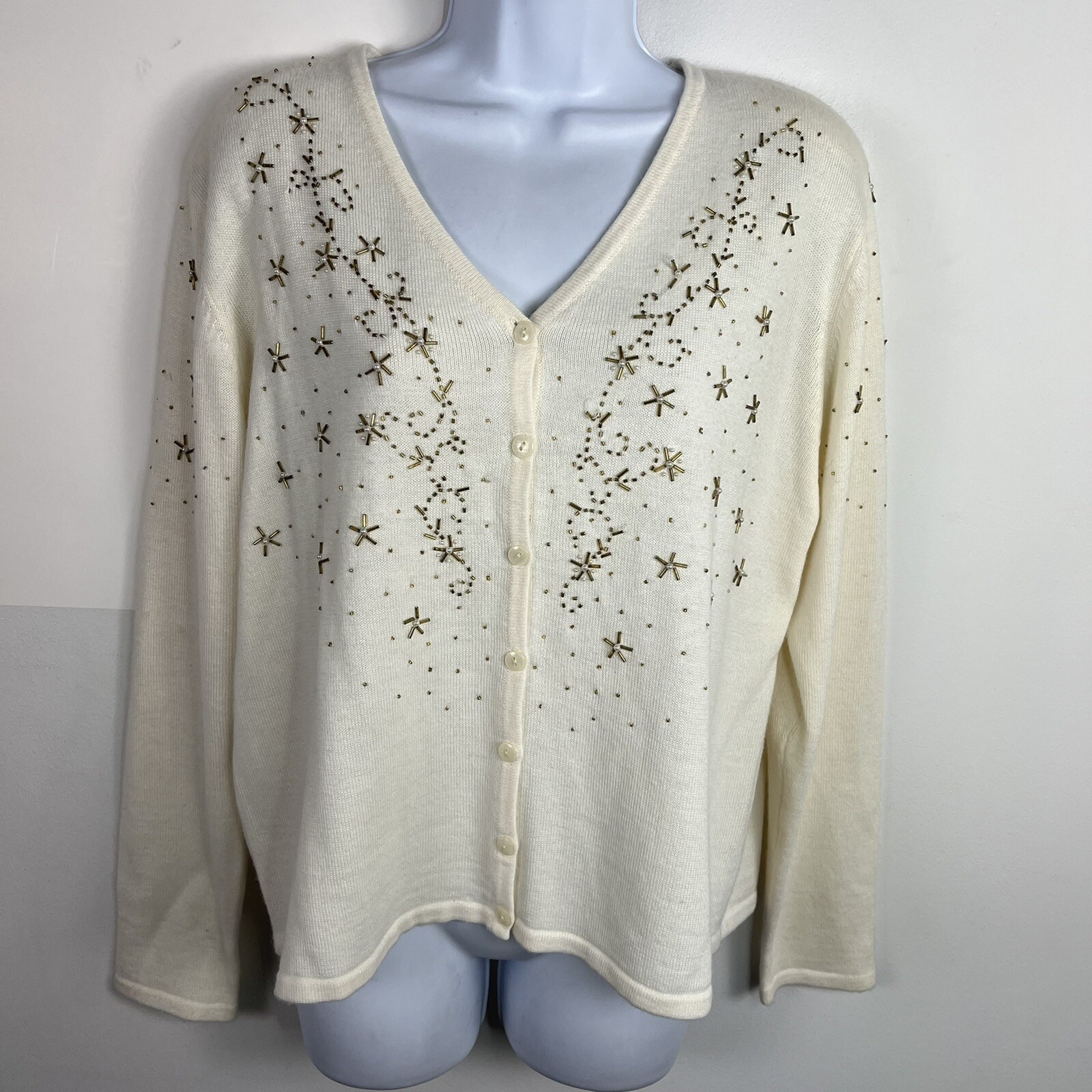 Karen Scott Cardigan sz L Ivory Gold Embroidered Snowflake 90s Retro VINTAGE vtg
