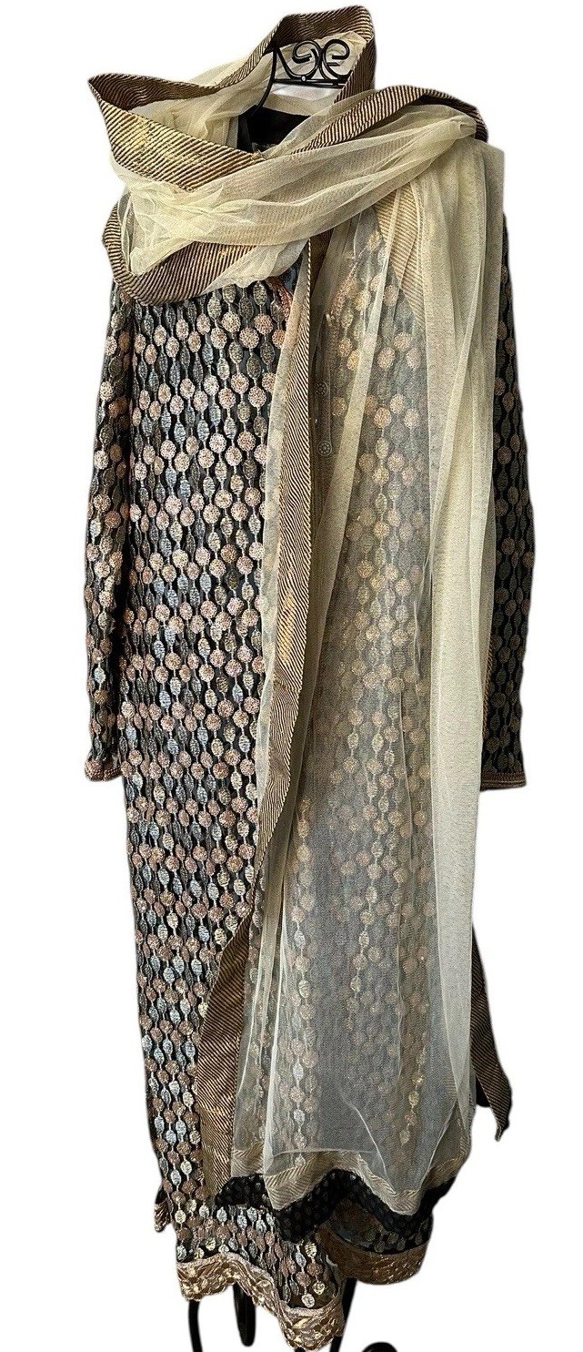 Metallic Embroidered Formal Kaftan Dress & Scarf Black Gold 50” Long