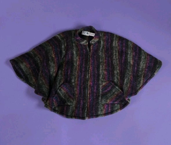 Vtg Donegal Design Handwoven Mohair Wool Cape Poncho Jacket Full Zip Ireland! OS