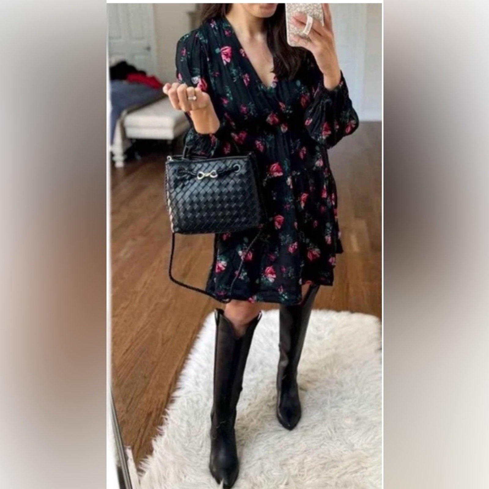 XL Y2k Fairy Whimsigoth Long Sleeve Empire Waist dress -Black floral