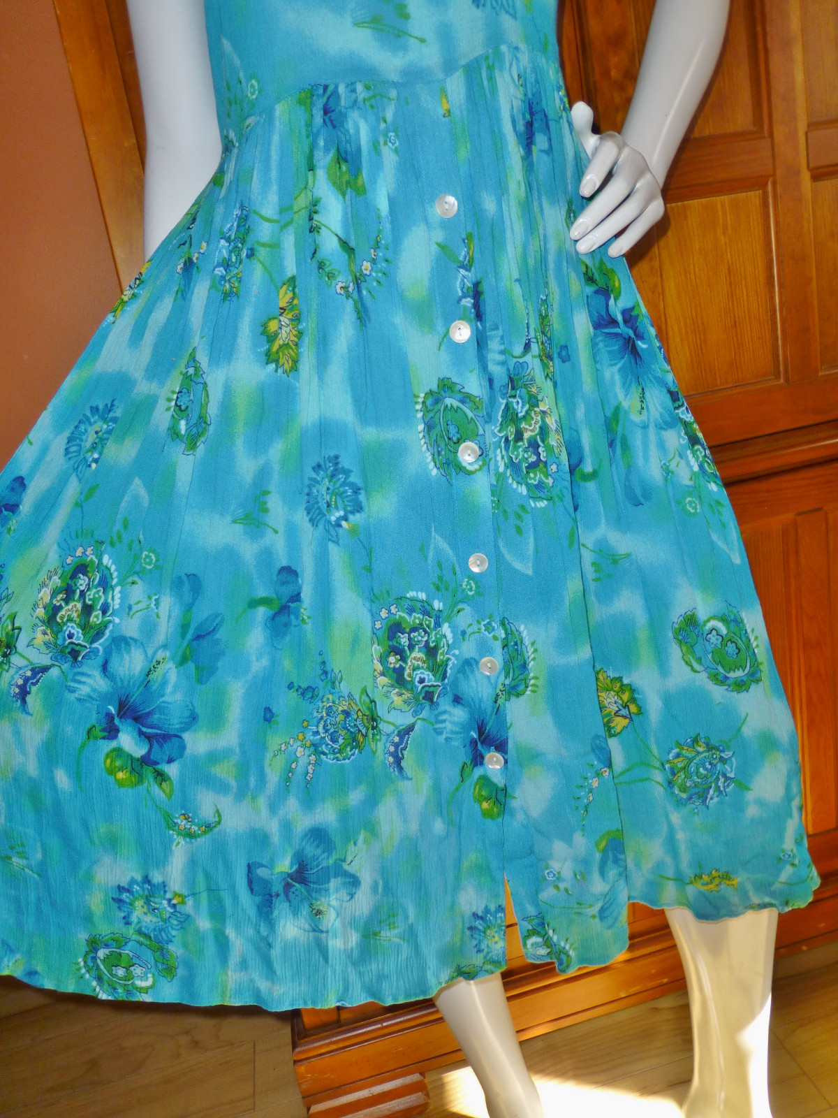 Vtg India Gauze Rayon Turquoise Ethnic Drape A line Boho Gypsy Midi DRESS S M