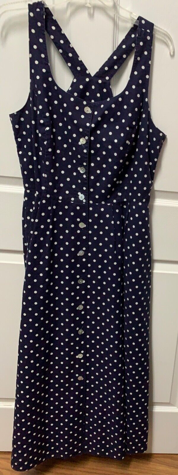 vtg Carol Anderson sundress size 16 navy white Polka dot MIDI racerback Pleats
