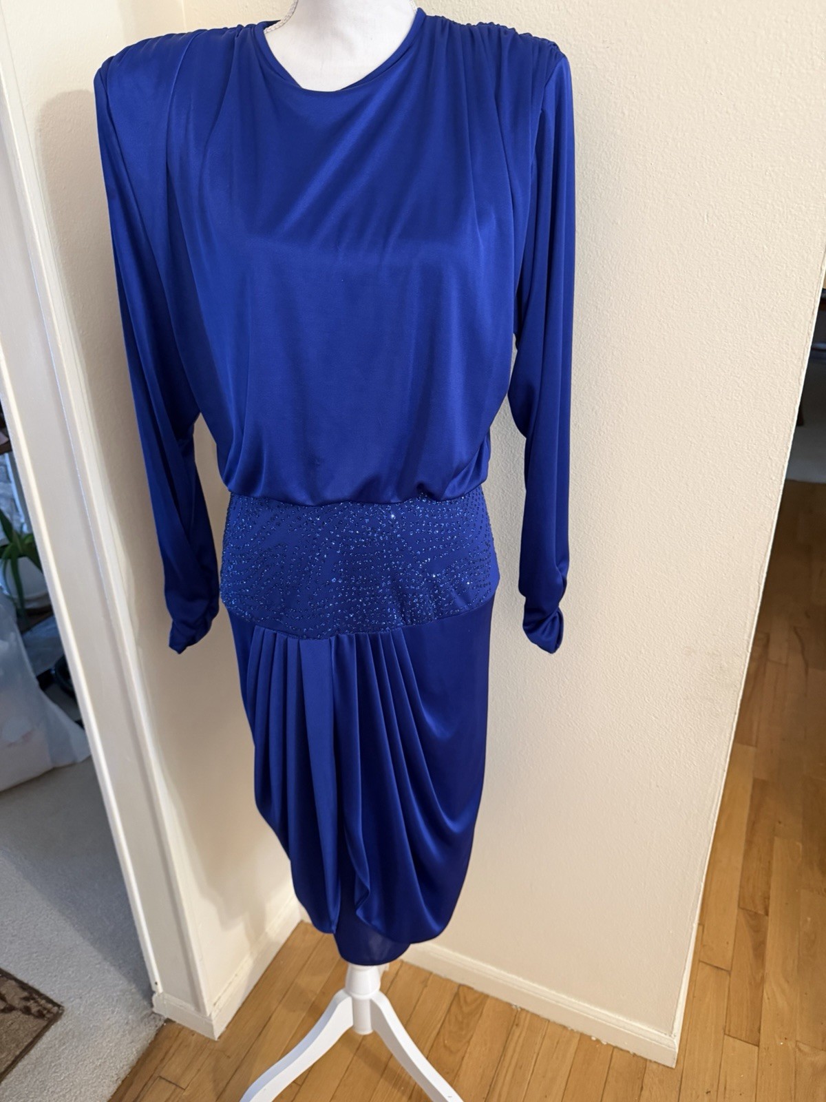 Vintage Size 9/10 Royal Blue Sequined Evening Dress Long Sleeves Blossom