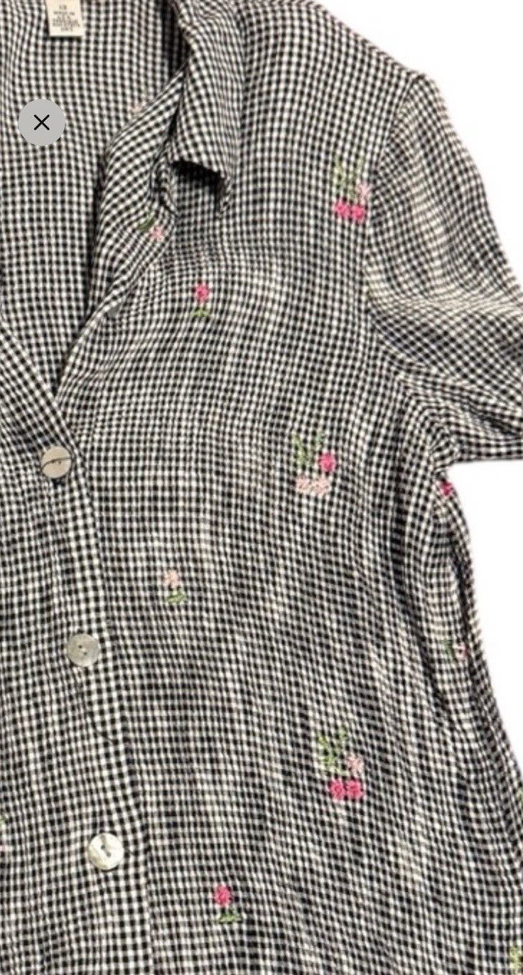 Vintage Talbots Gingham Dress Set Womens 12P Black White Embroidered Floral 90s