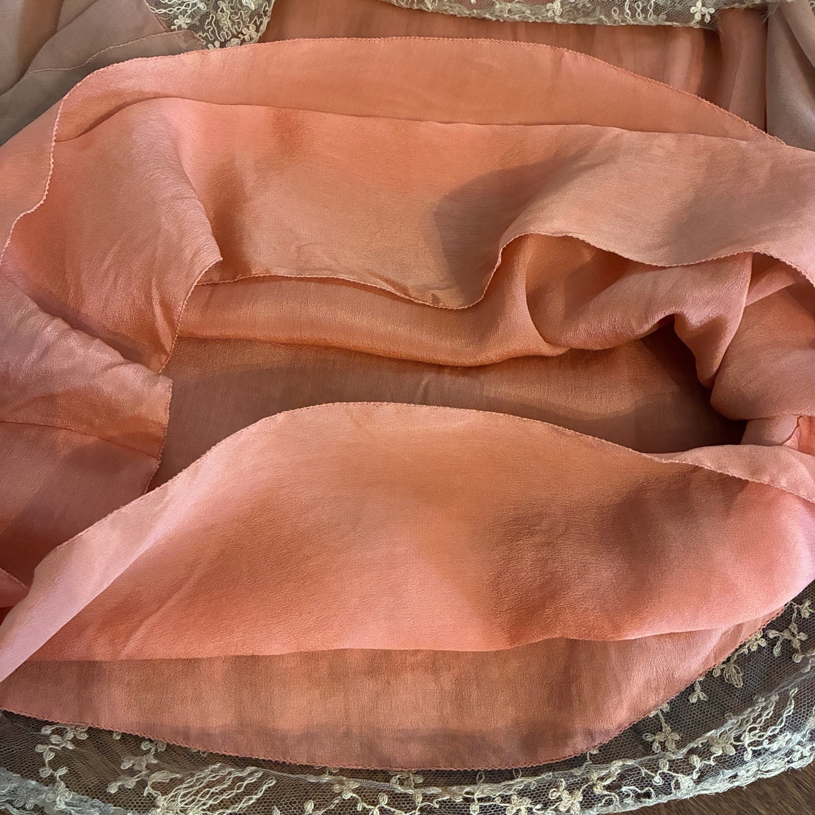 Antique 1920S Pink Silk Chiffon Kafton Brussels Tambour Cabbage Roses Lace