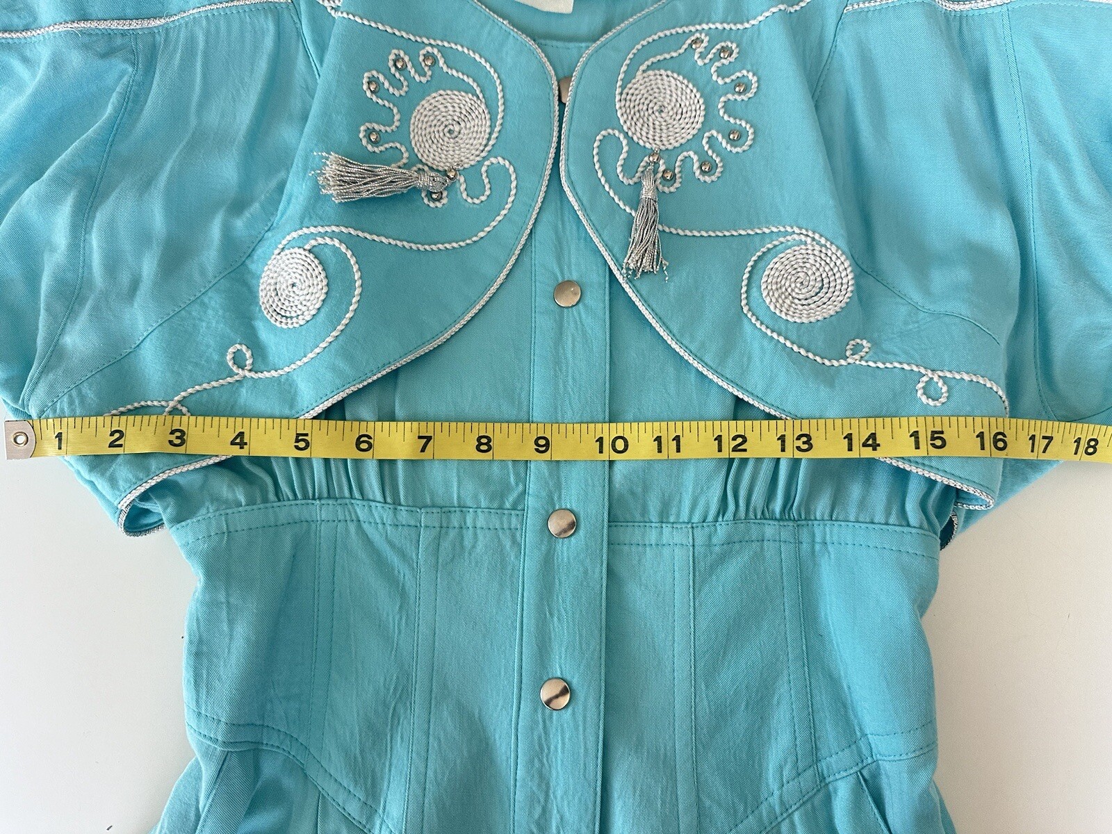 Vintage 80s 90s Teal One Piece Embroidered Tassel Fringe Jumpsuit Jacket Pants