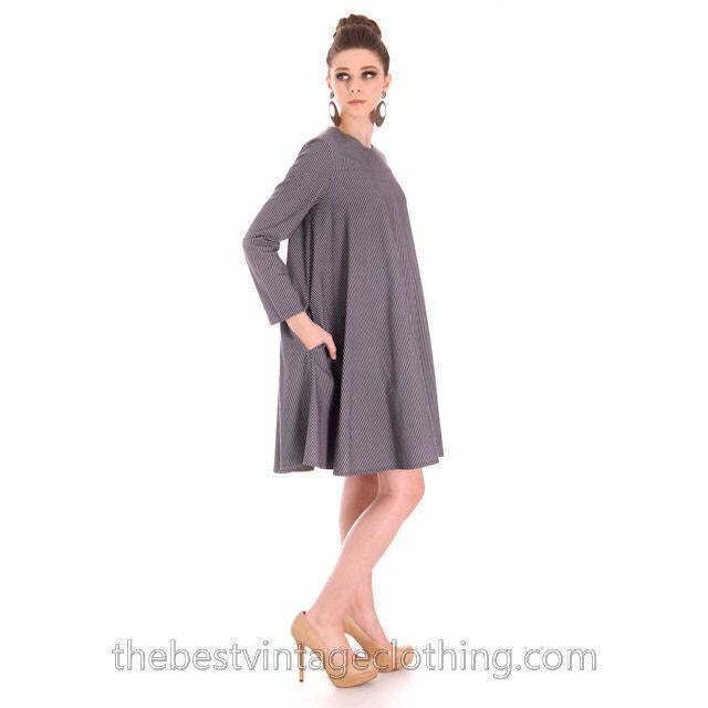 Vintage 1970s Scandinavian Designer Vuokko Gray Stripe A-Line Mini Dress XS