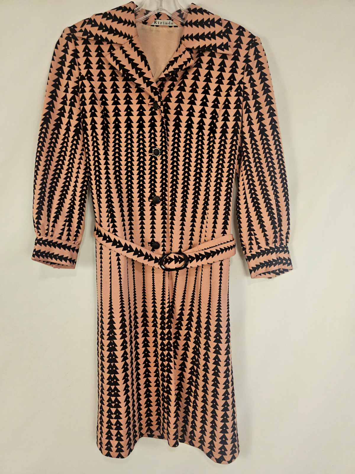 Vintage S/M Pink and Black Geometric Pattern 70s Collar Dress with Belt