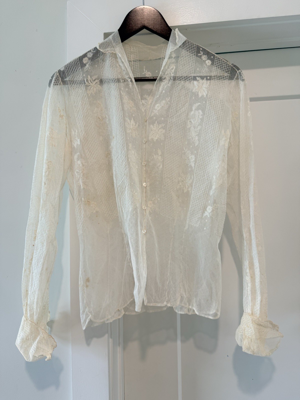 Antique Edwardian Embroidered Net Lace Blouse Early 1900s Sheer Vintage Top
