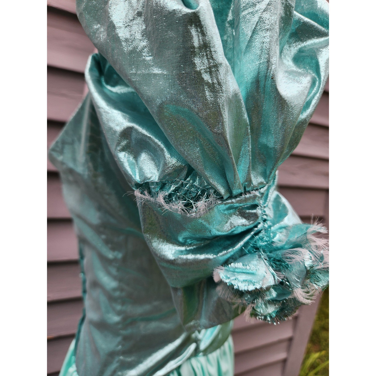 Vintage 80s Prom Dress Teal Metallic Lamé Puff Sleeve Maxi Bow Small