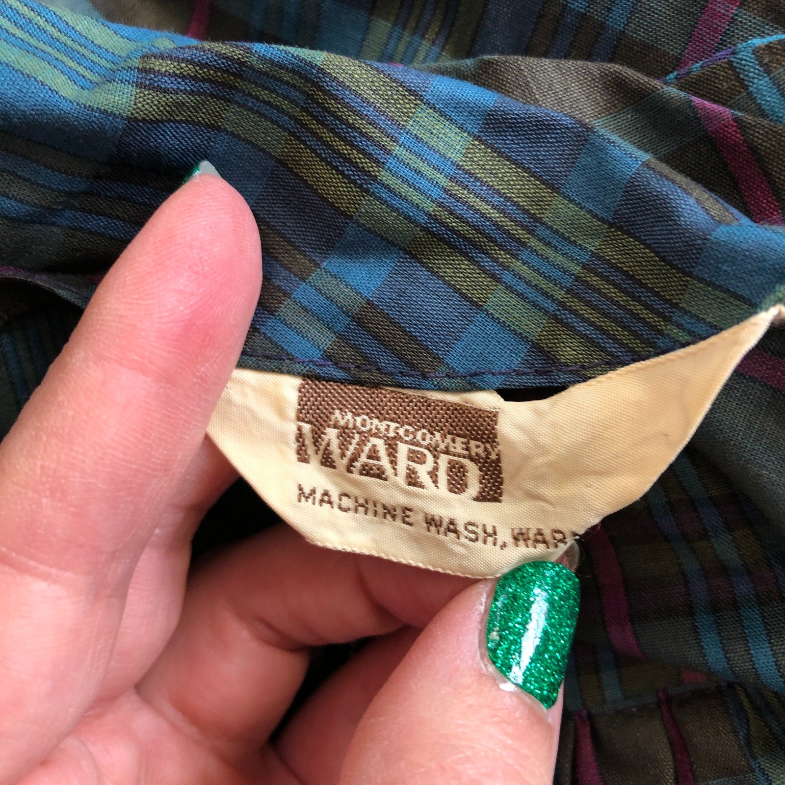 VTG 70s Montgomery Ward Plaid Dress Embroidered Pockets Belted XS Praire