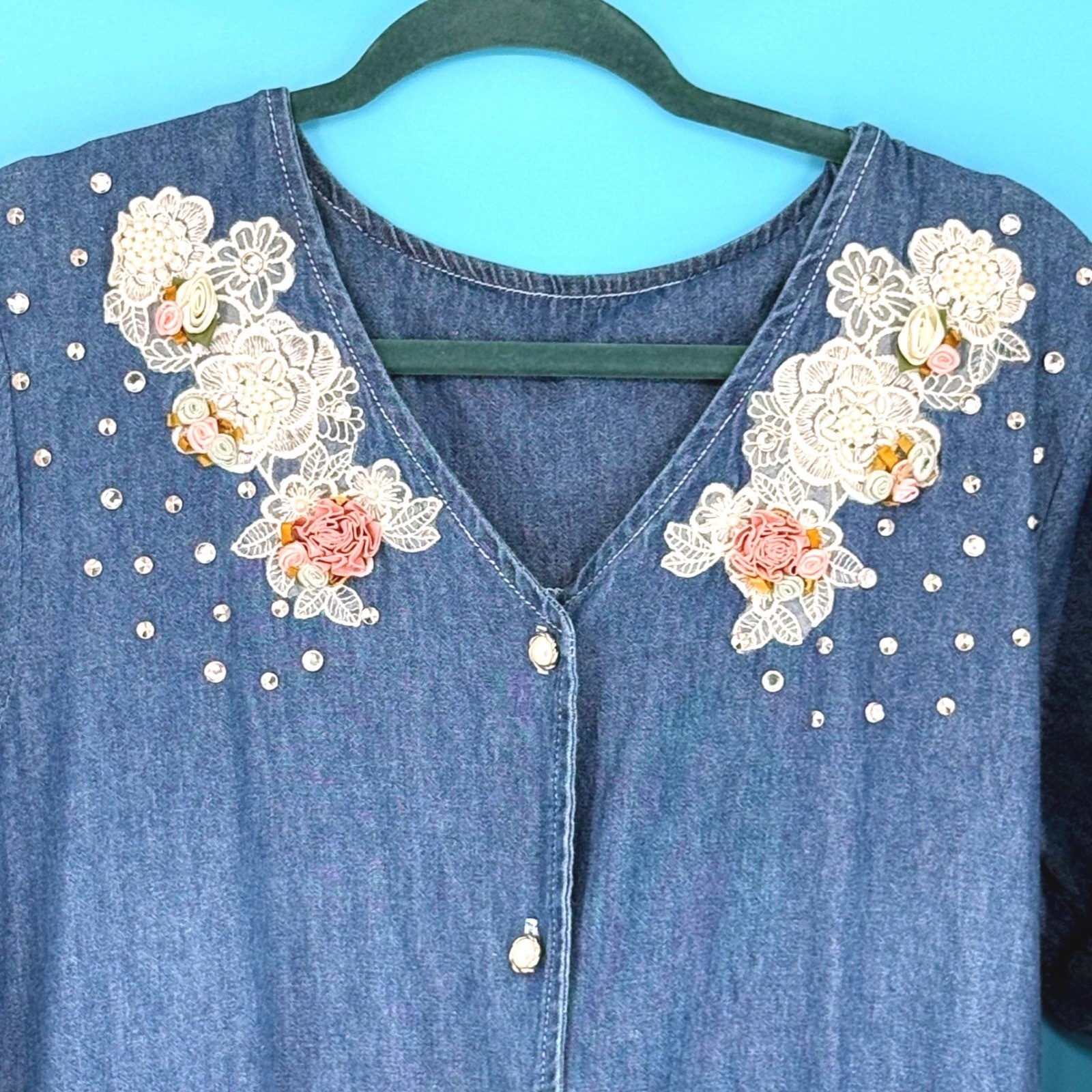 Spotlight Vintage Denim Midi Denim Dress Lace Ribbon Embroidery 90’s Size L