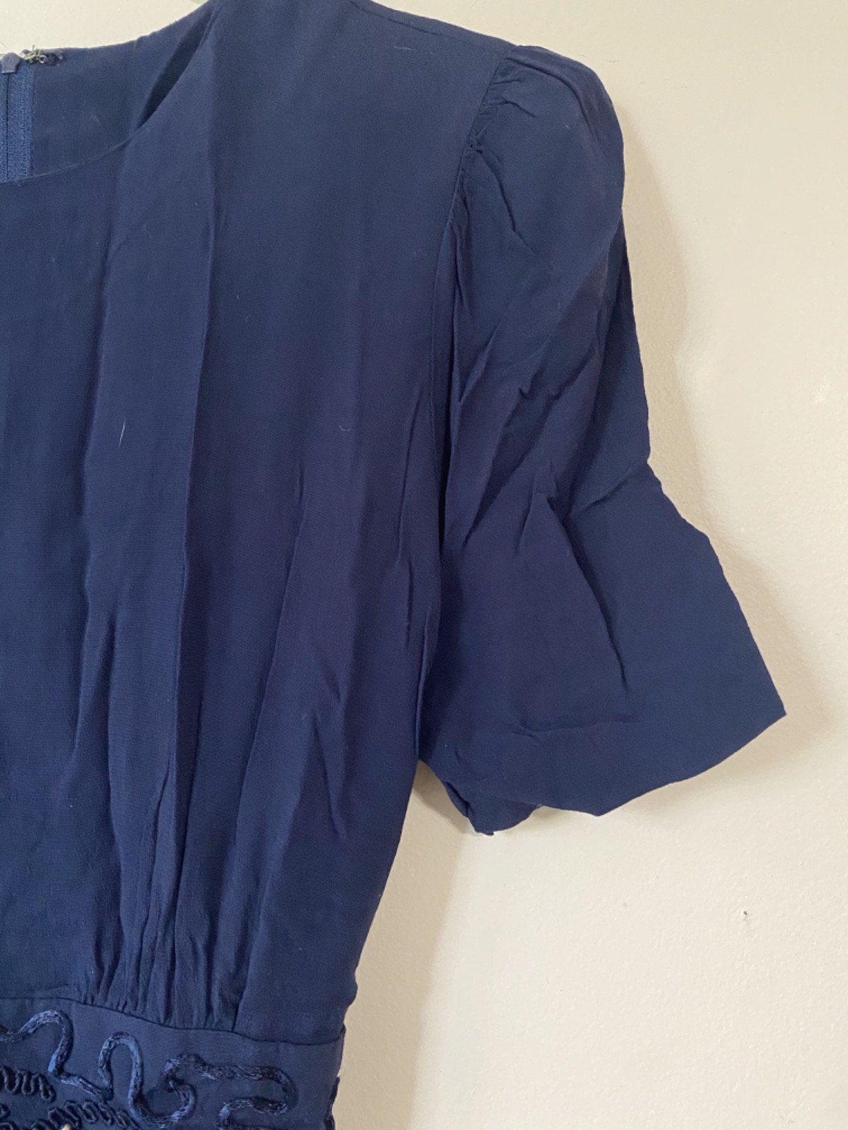 Vintage 1940s Style 80s Navy Dress, Women’s Medium Rayon Tie Back with Beading