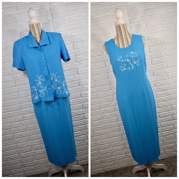 Vintage Periwinkle Floral Embroidered 2pc Dress Set Size 10