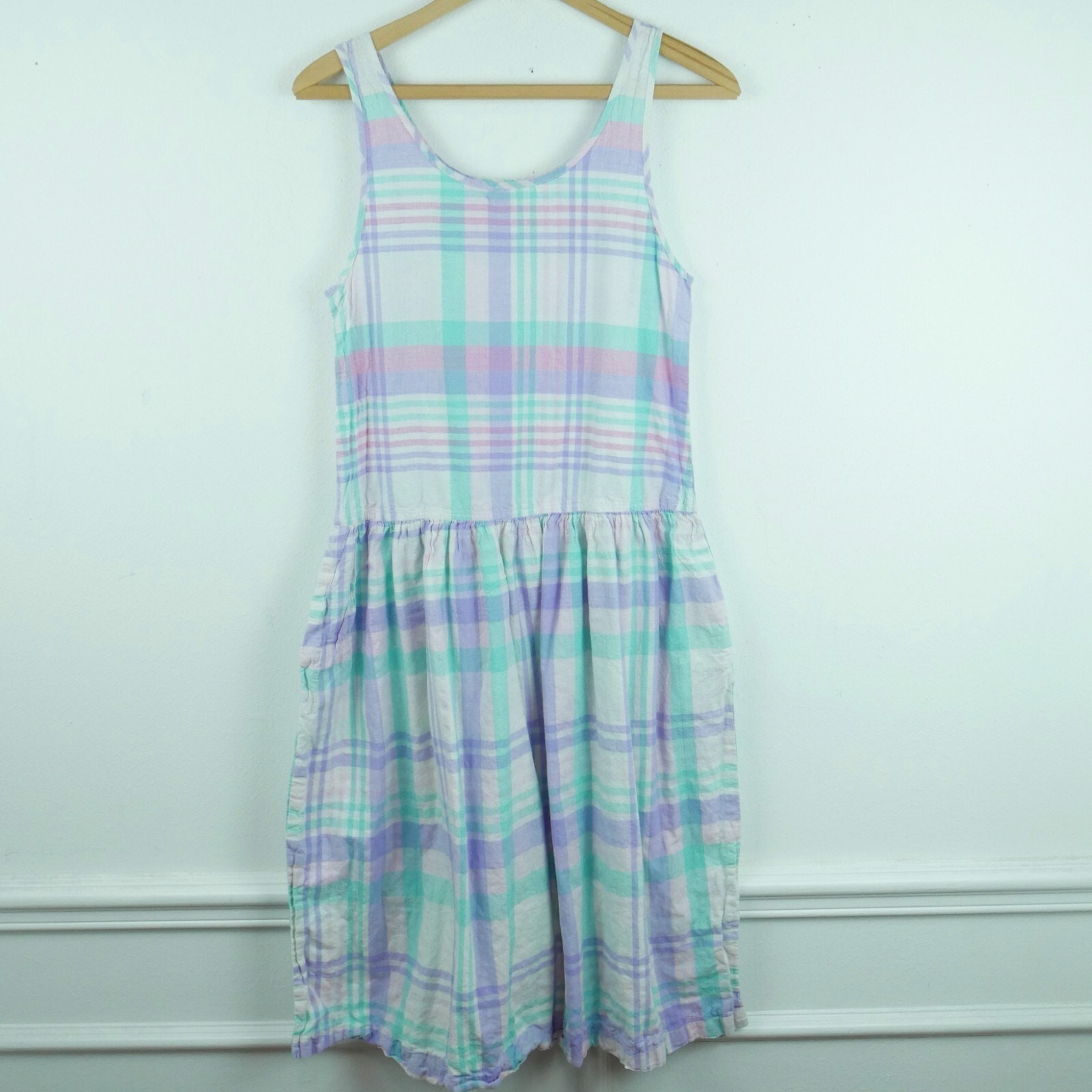 Vintage XS Dress 80s Midi Pastel Plaid Drop Waist Cottagecore Preppy Cotton Cute