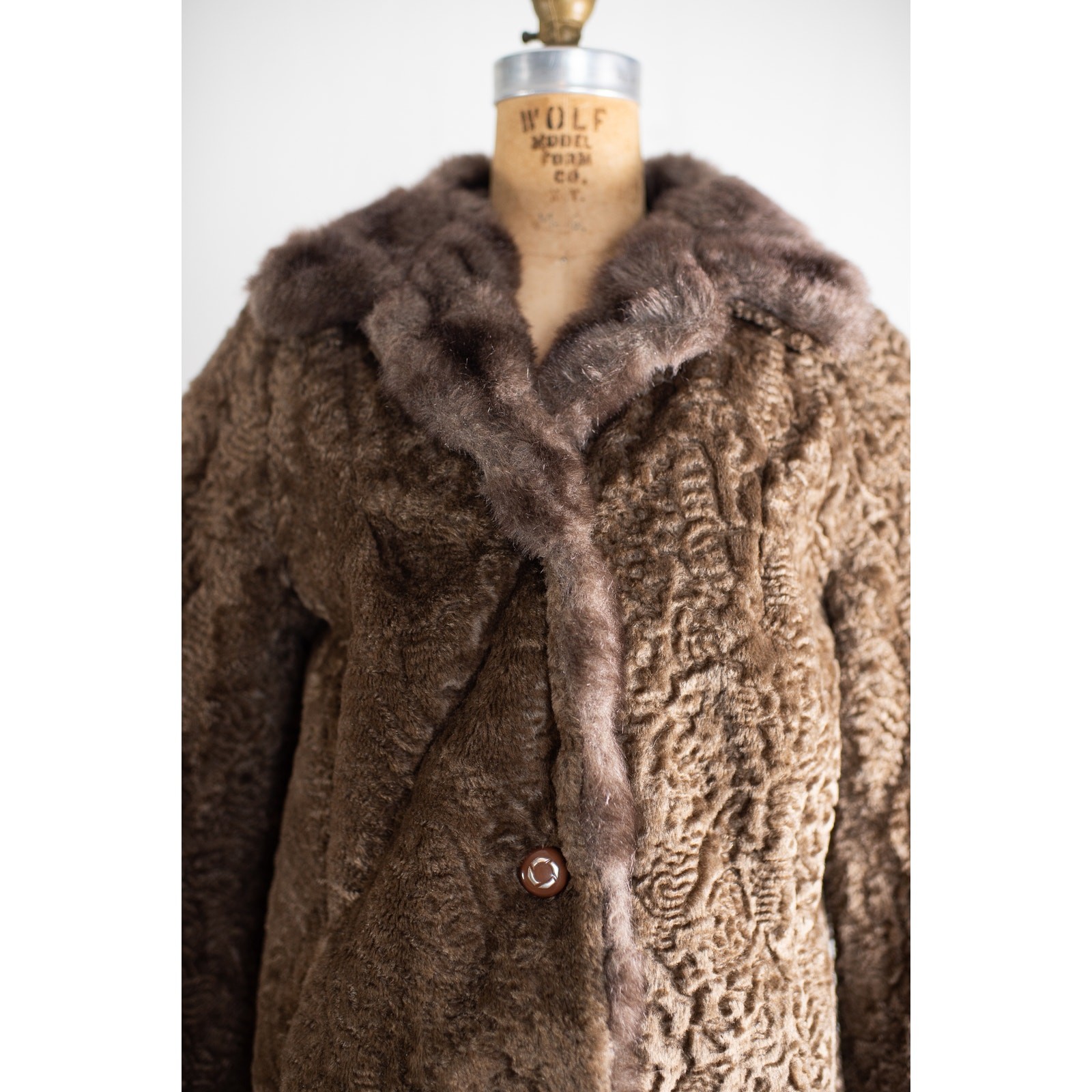 Vintage 1960s Brown Faux Curly Lamb Fur Swing Coat, Glam Old Money Jacket, S M