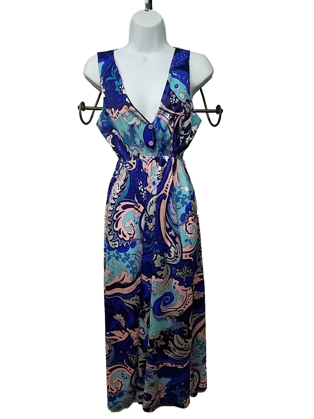 Spotlight Co Vintage Blue Pink Floral Deep V-neck Long Nightgown Vtg Size 16/18