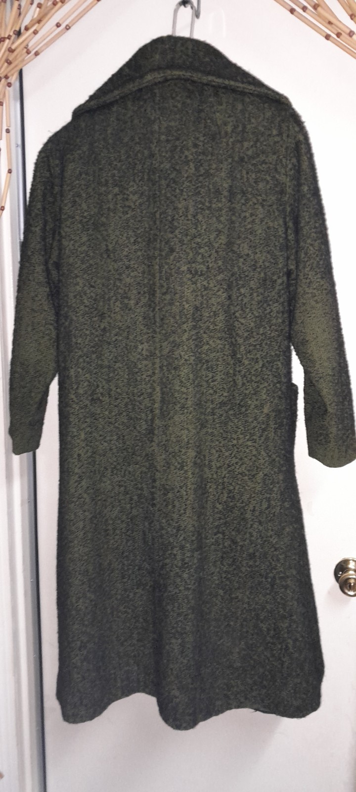 Vtg 50s 60s Green Tweed Knob Black Flecked Swing Opera Wool Shawl Collar Coat M