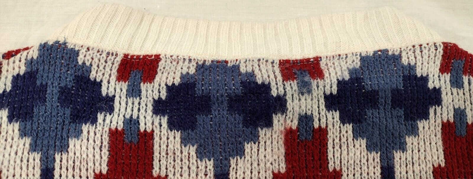 MCM Sweater Mid Century Holiday Burgundy Red White & Blues Mod Mock Neck Crew