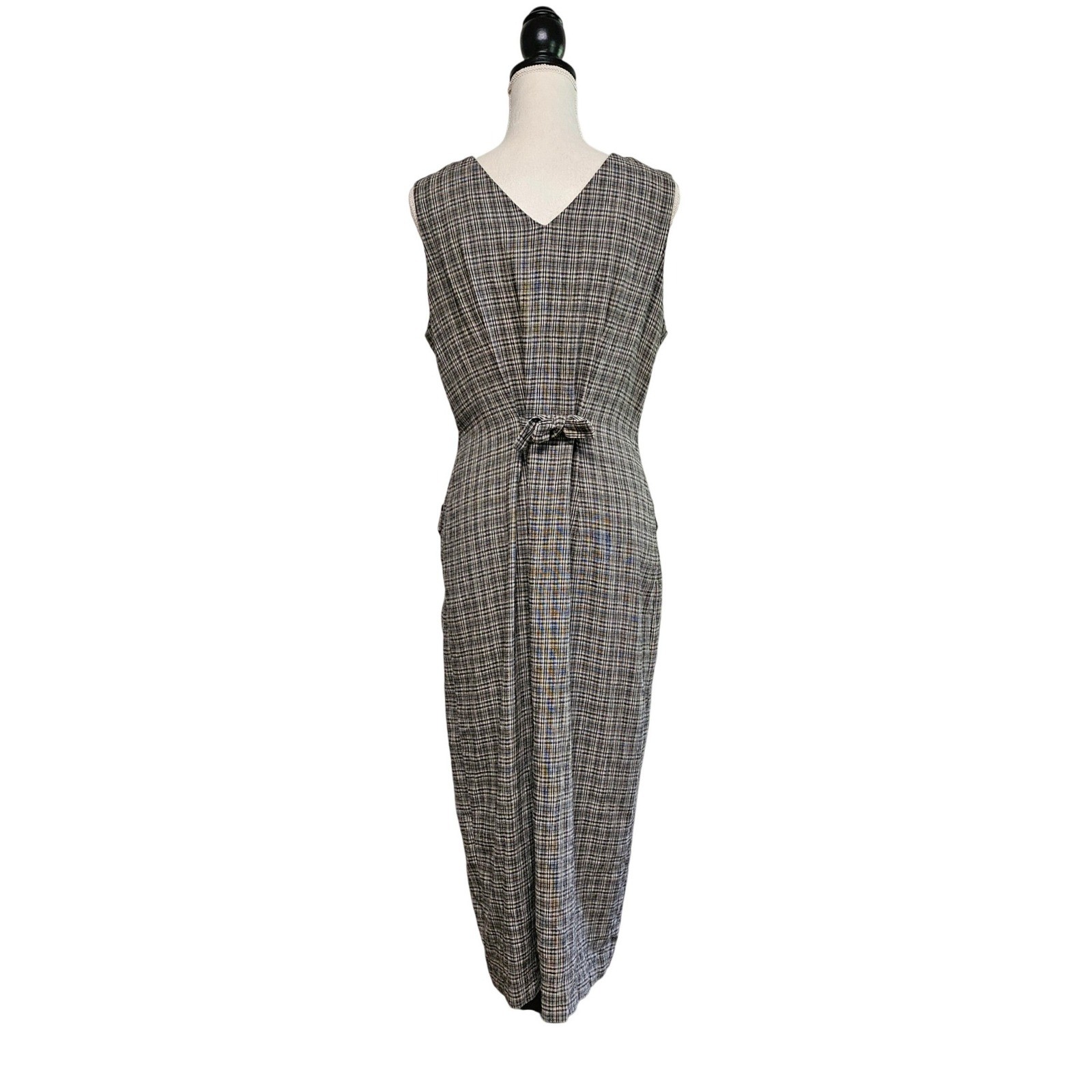Vintage 80s Black Gray Plaid Button Front Tie-Back Dress Size 14 Preppy Academia