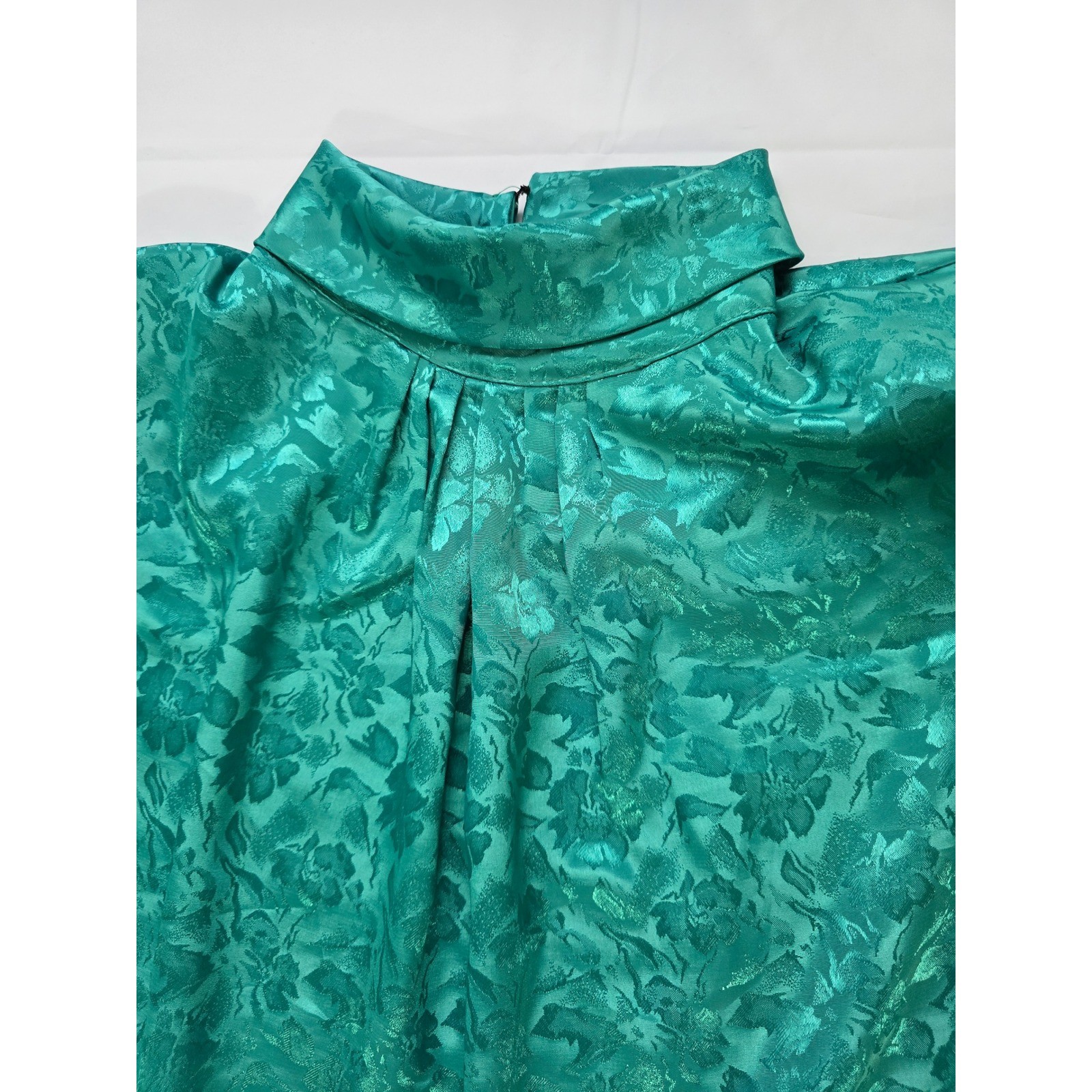 Cindy Collins Vintage Emerald Green Floral Jacquard Mock Neck Blouse Large USA