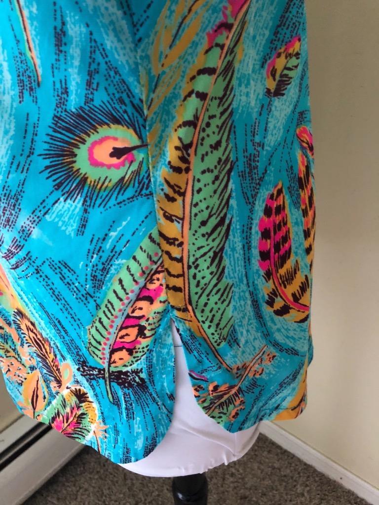 Vintage 1970’s Turquoise Blue Peacock Blouse Feathers Multi Colored Nylon Sz M