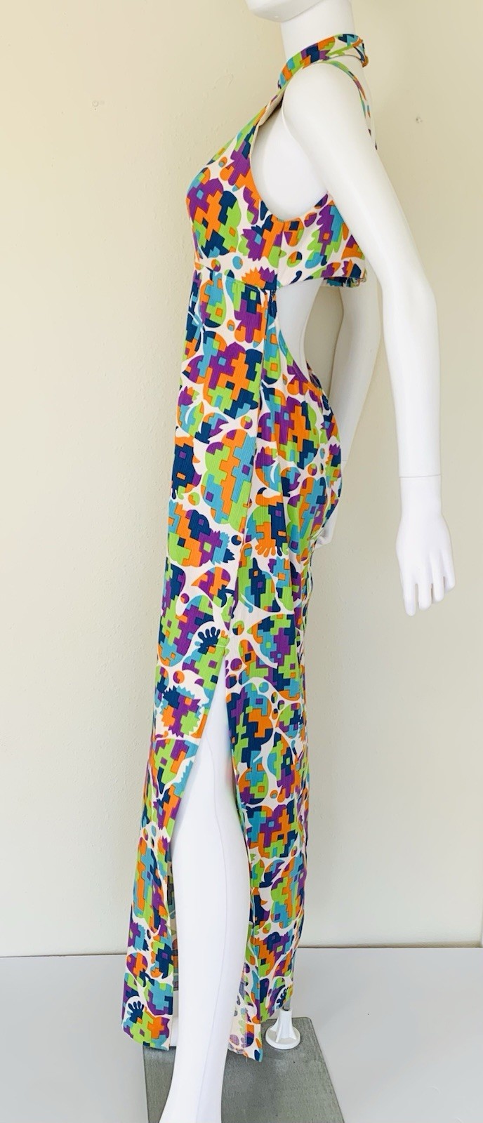 Vintage 1960s Retro MOD Geometric Print Cut Out Back Maxi Dress M/L