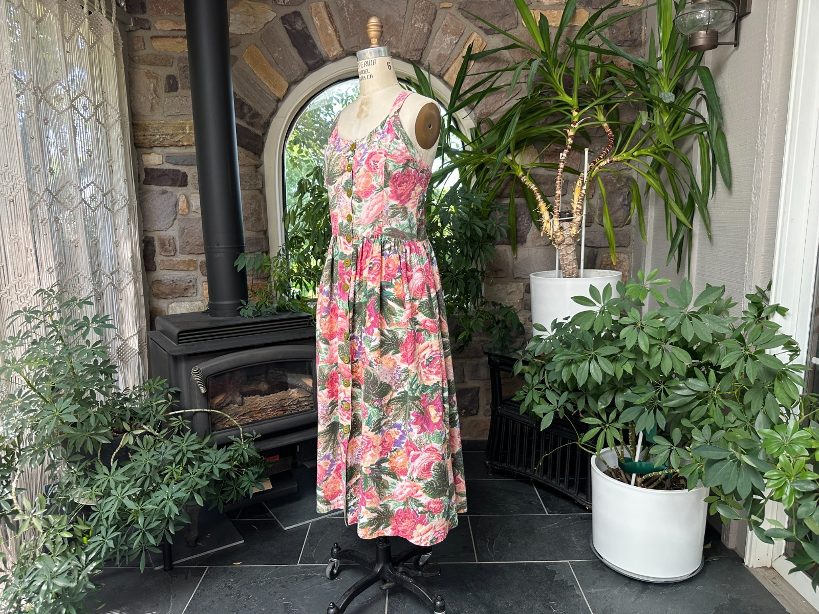 Vintage 1990s Starina Floral Button Front Cotton Cottagecore Midi