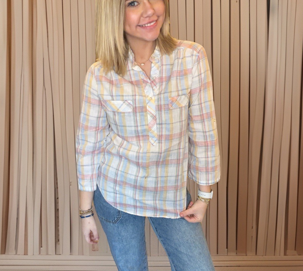 Shirt Street Vintage Plaid Shirt Tunic Pastel Collar Roll Tab Sleeve USA