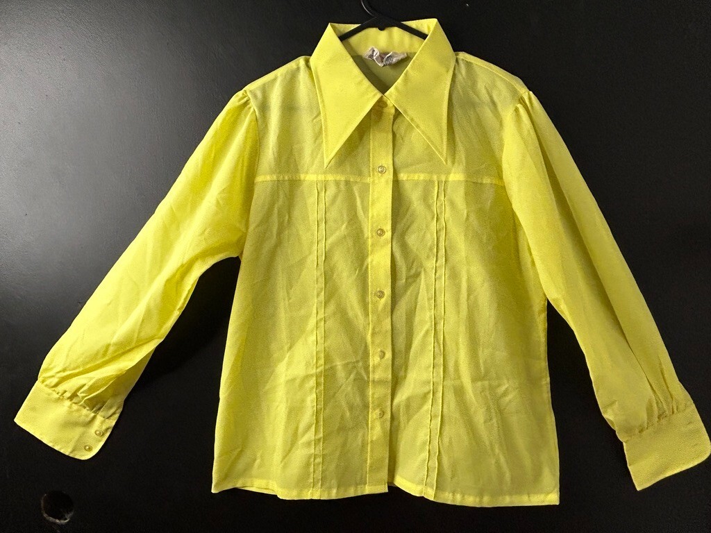Vintage Korean 1960s Champions Yellow Blouse Dagger Collar Semi Sheer AU 12