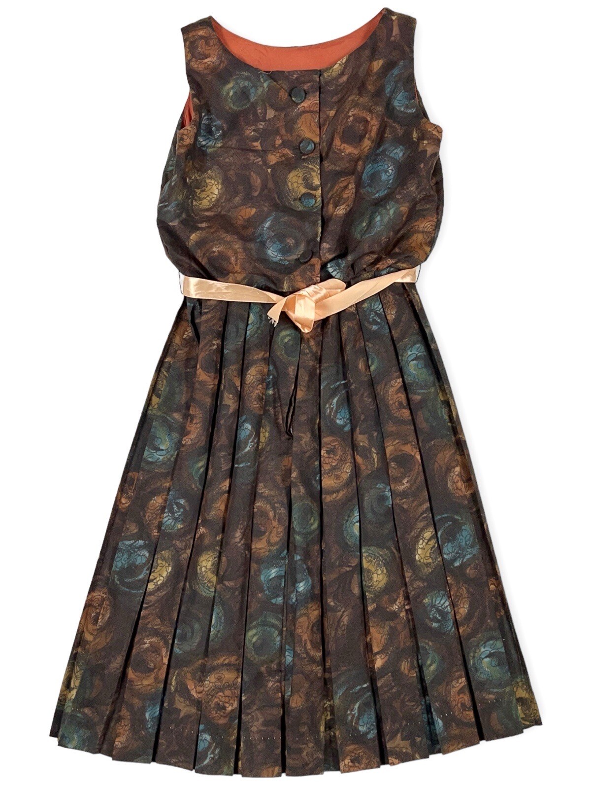 1950S BROWN BLUE FLORAL ABSTRACT NOVELTY DAY DRESS MS MAISEL S