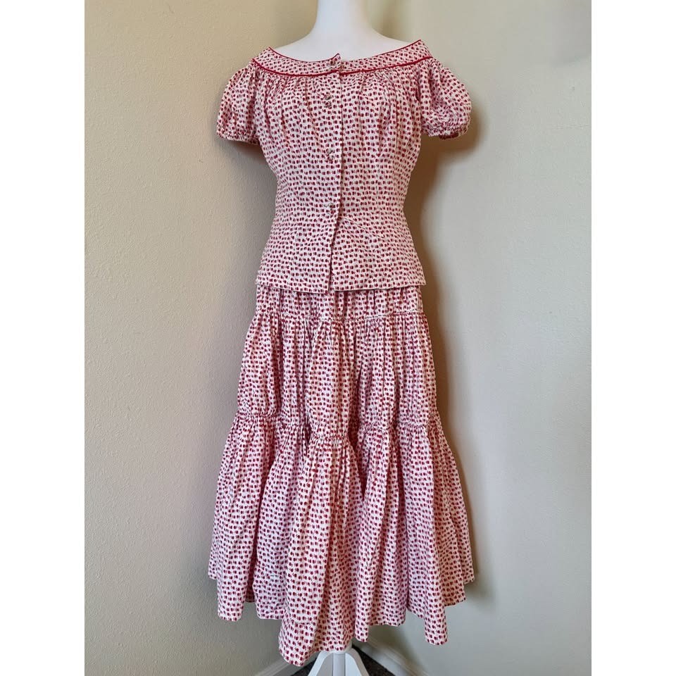 Vintage 1950s Short Sleeve Blouse And Full Circle Skirt Set In Red Apple Novelty
