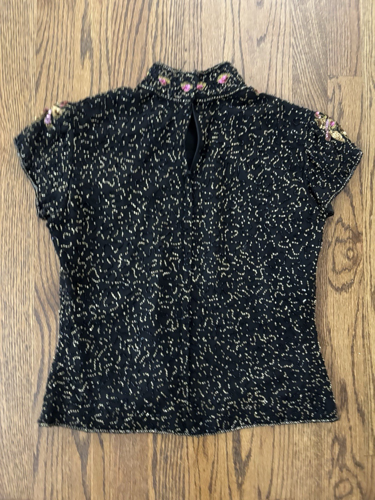 Vintage Joseph Le Bon Asian Style Mandarin Collar SS Beaded Sequin Trophy Top L