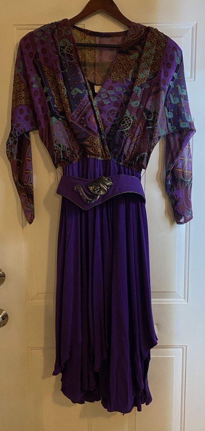 Vintage Spencer Alexis Purple Dress with Belt Geometric Print Sheer Womens 8