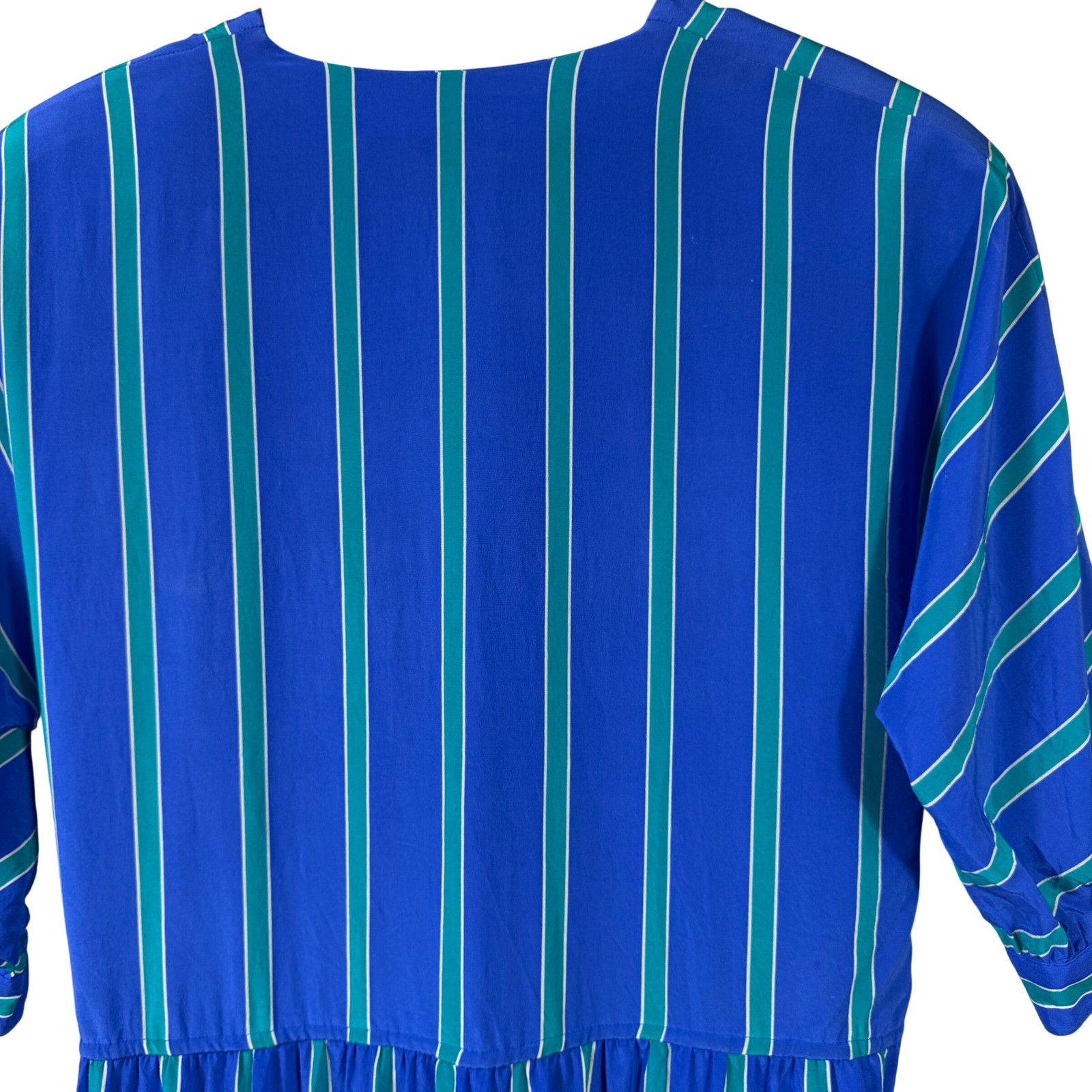Vintage Silk Studio 100% Silk Striped Dress Blue Green Midi Size 14 Korea