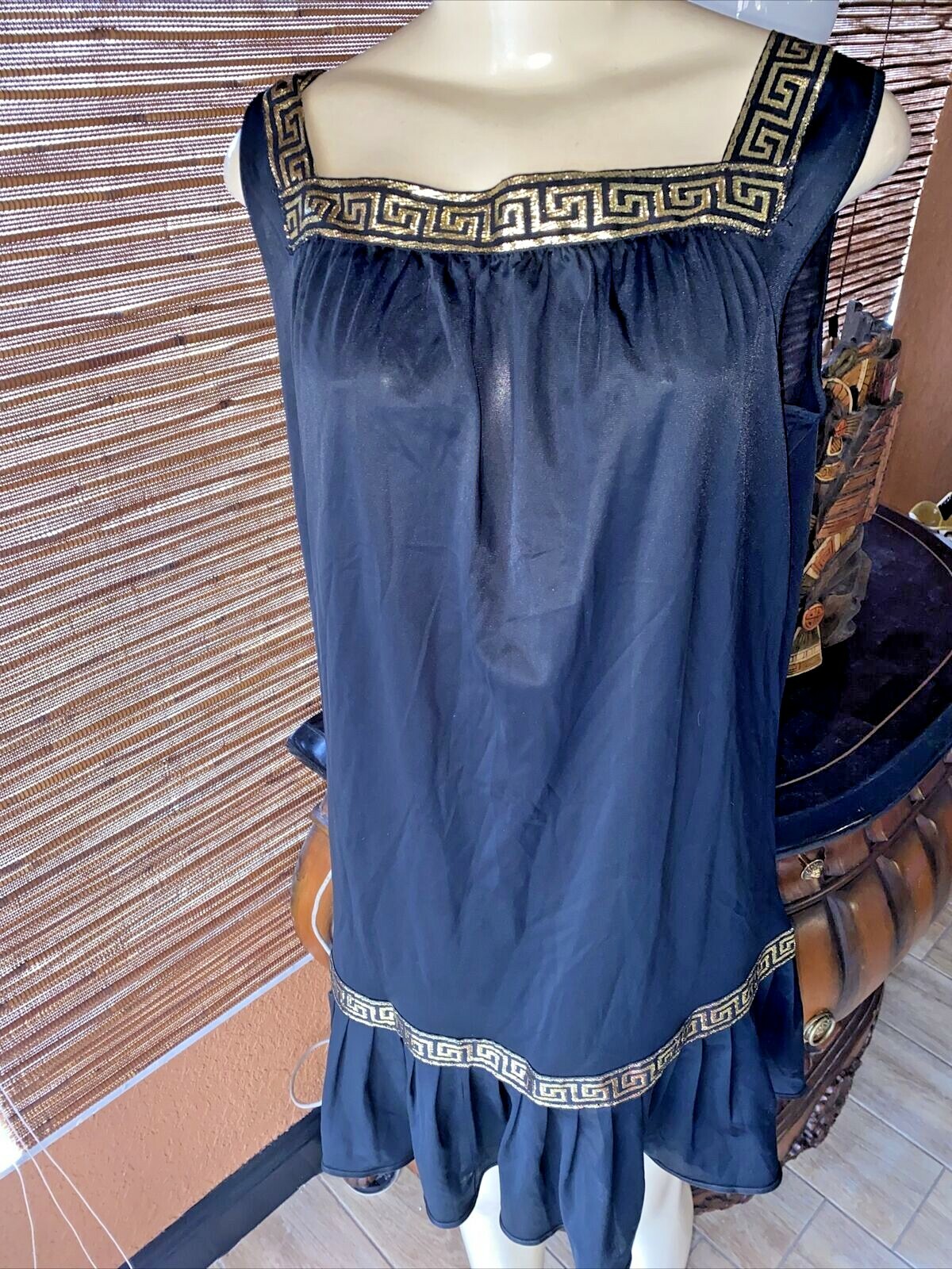 VTG Pinehurst Lingerie Greek Key Gold Metallic Trim Black Nightgown Rare LG PK1