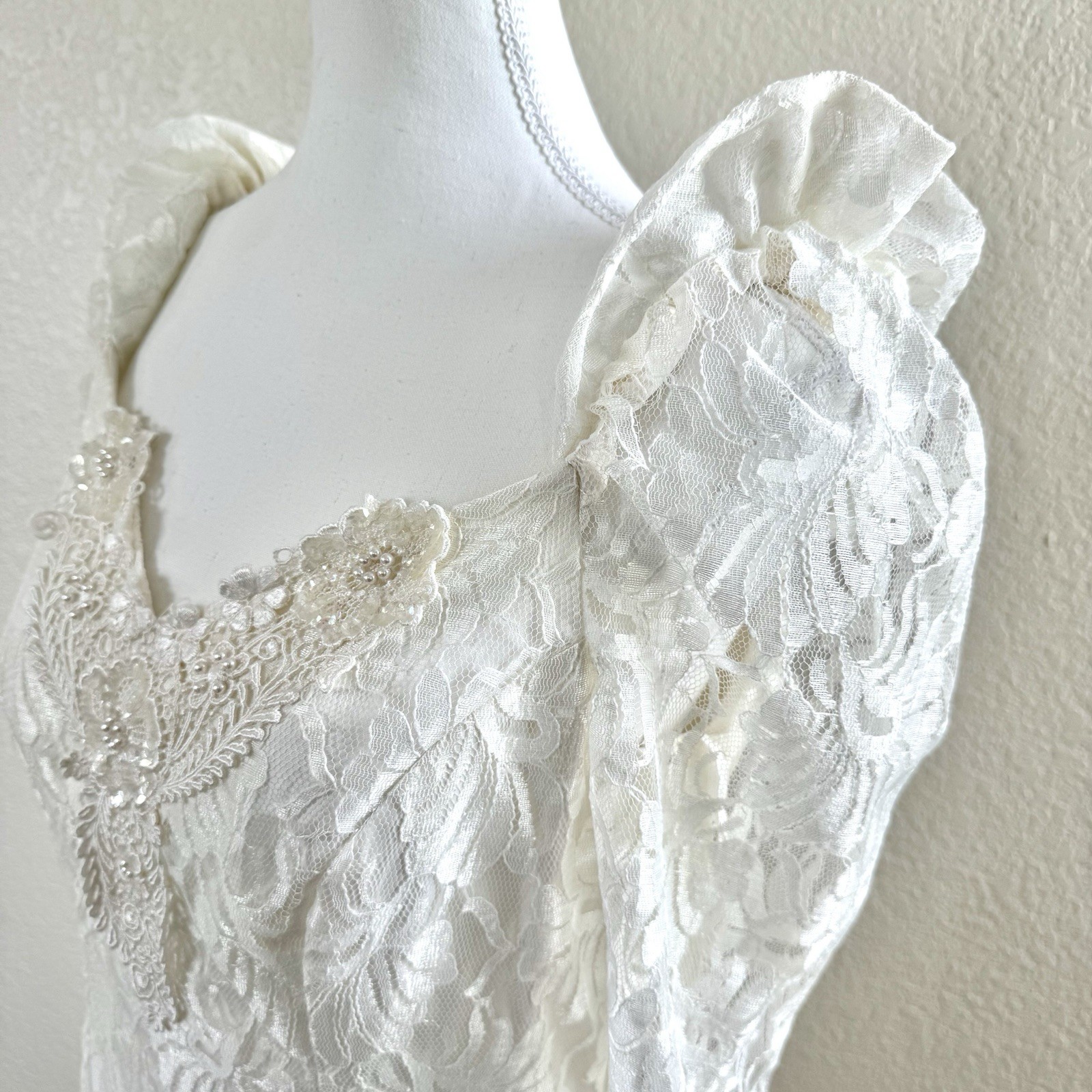 Vintage 80s Bonnell White Lace Chiffon Hi Lo Dress Wedding Prom Party Deco Sz M