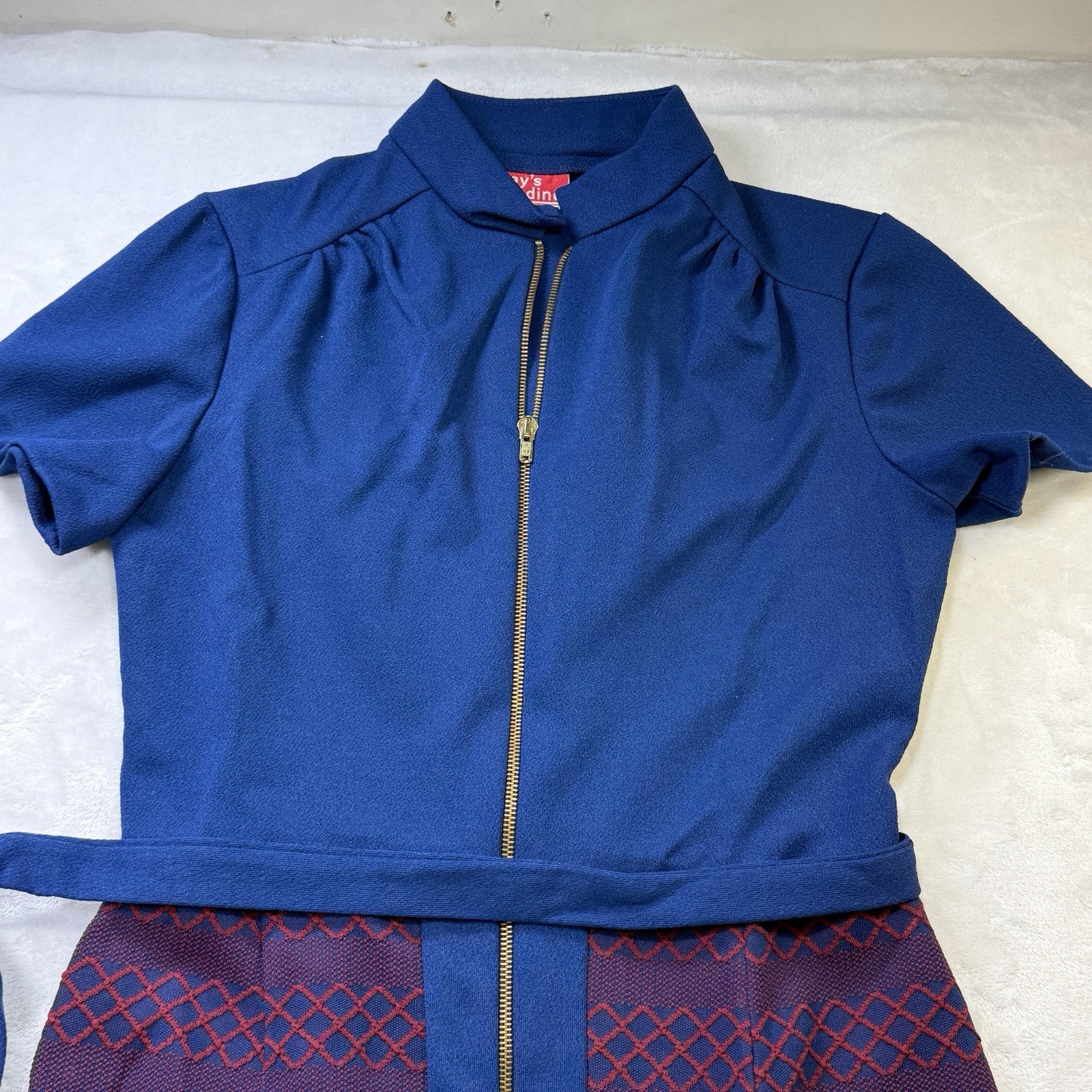 Vintage 60s 70s Grays Landing Mod Zip Front Dress Blue Purple 12P Mid Century