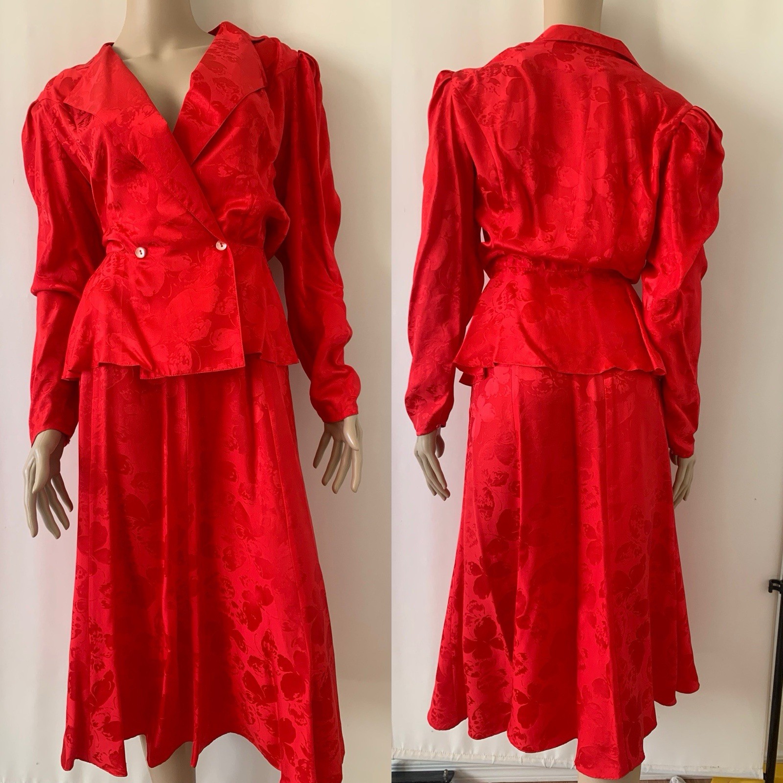 Vintage 80s Designer Argenti Red Silk Butterfly Skirt & Jacket Set