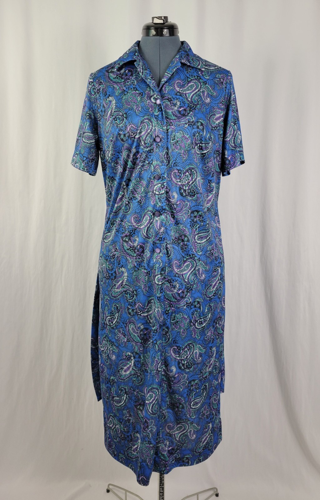 Vintage Ina Carol Blue & Purple Paisley S/S Dress w Matching Tie Belt Size 14