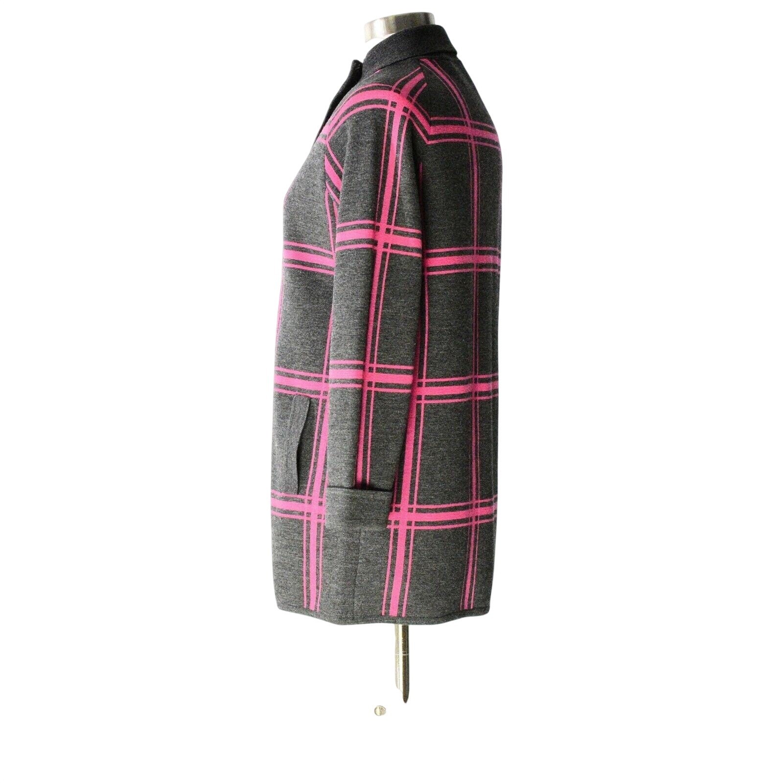 60s Vintage 100%Wool Hot Pink Knit Jacket Womens M Band Collar Plaid Sweatercoat