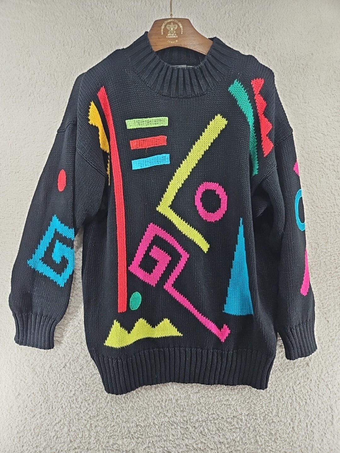 Vintage Totally Rad 80’s Woman’s Sweater Geometric Print Long Neon Multi Color