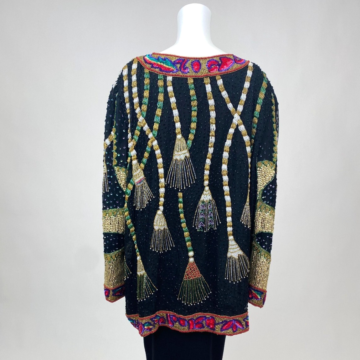 Vintage 1980s Silk Sequins Beaded Jacket Tassel Design Party Top New Years Eve