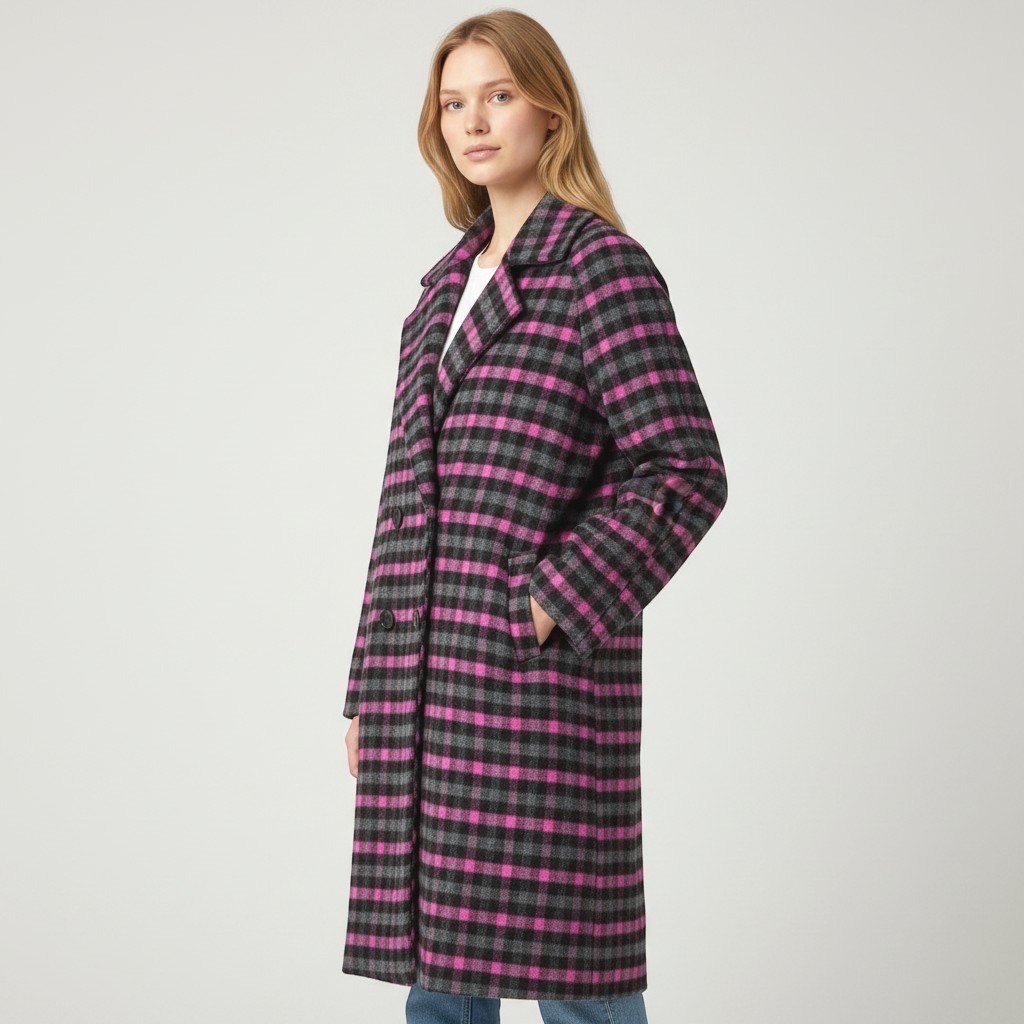 AVEC LES FILLES Small Pink Grey Plaid Walker Double Breasted Wool Long Coat EUC