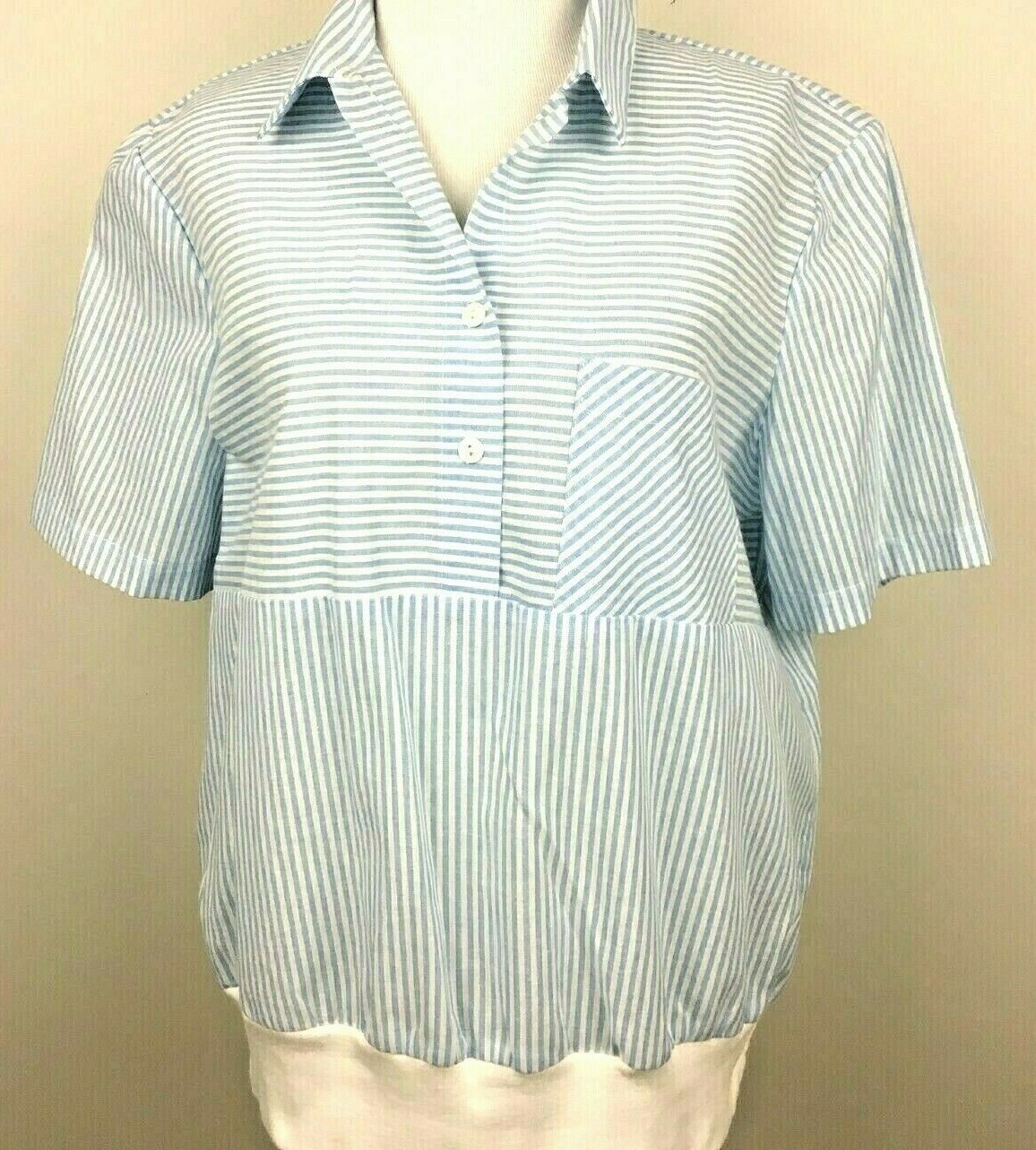 Vintage Womens Top Blue White Stripe LORI Pullover Shirt Waistband Blouse